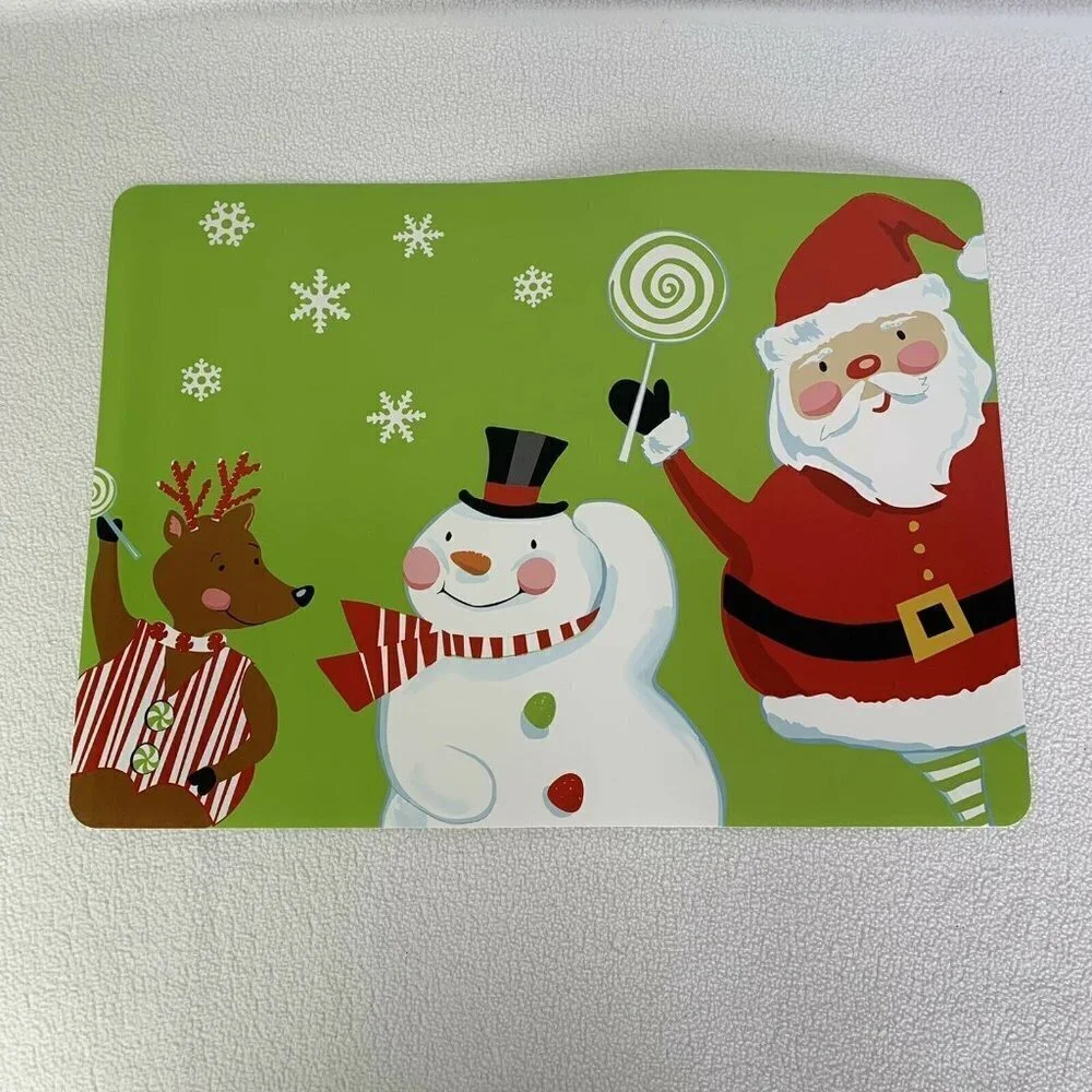 Santa Claus Snowman Reindeer Placemats Set Of 8 Holiday Time 13” x 18” Vinyl